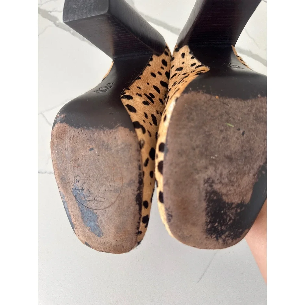 Tory Burch Leopard Print Calf Hair Block Heel Pumps Brown Tan Square Toe Shoes
